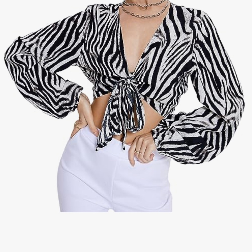 Starlow Zebra Animal Print Tie-Front Blouse Cropped Top Size Small
